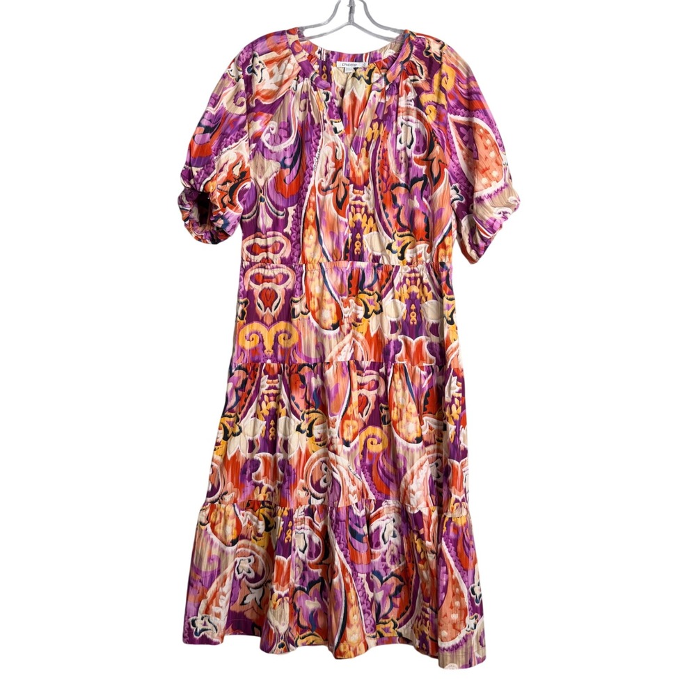 Chicos 40th Anniversary Paisley Tiered Dress Womens 12 Multi Color‎ Puff Sleeve